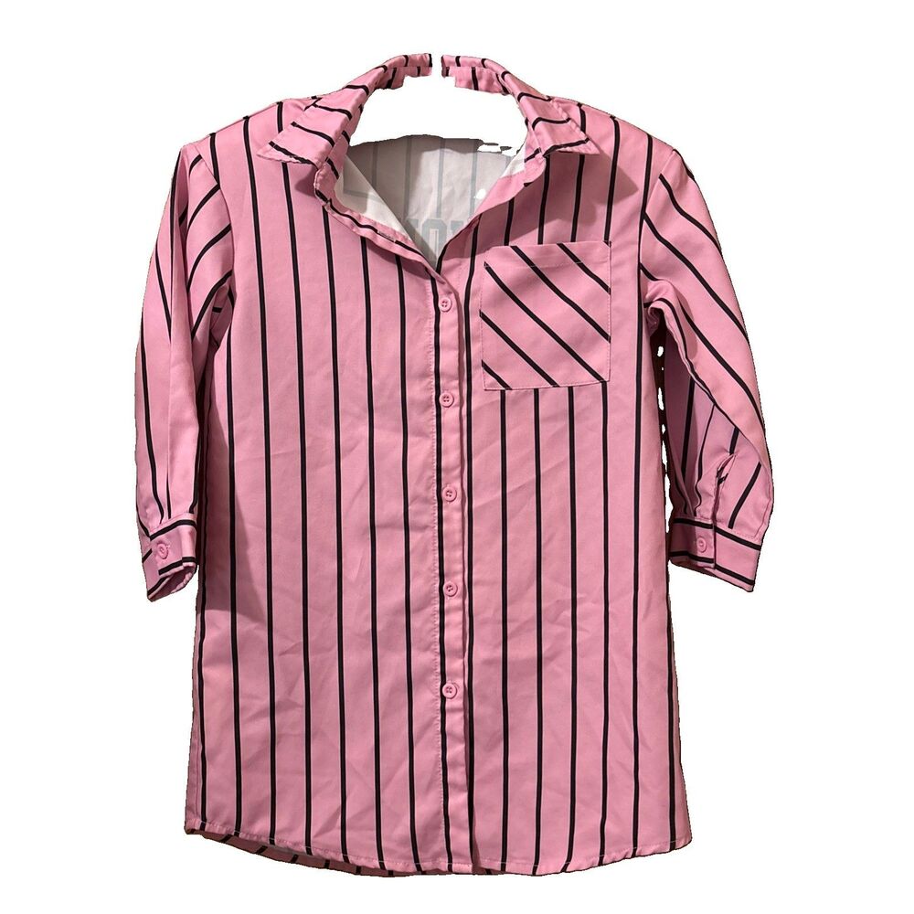 SHEIN Girls Pink Black Striped Button Front Shirt Dress Size 6Y